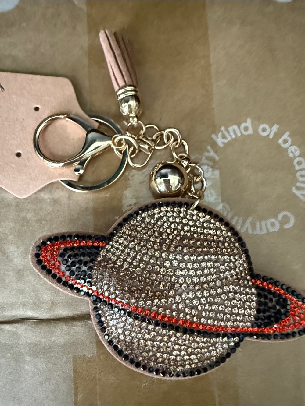 Fashion Jewelry Gold & Blush Planet Keychain Tassel Charm - Picture 1 of 2
